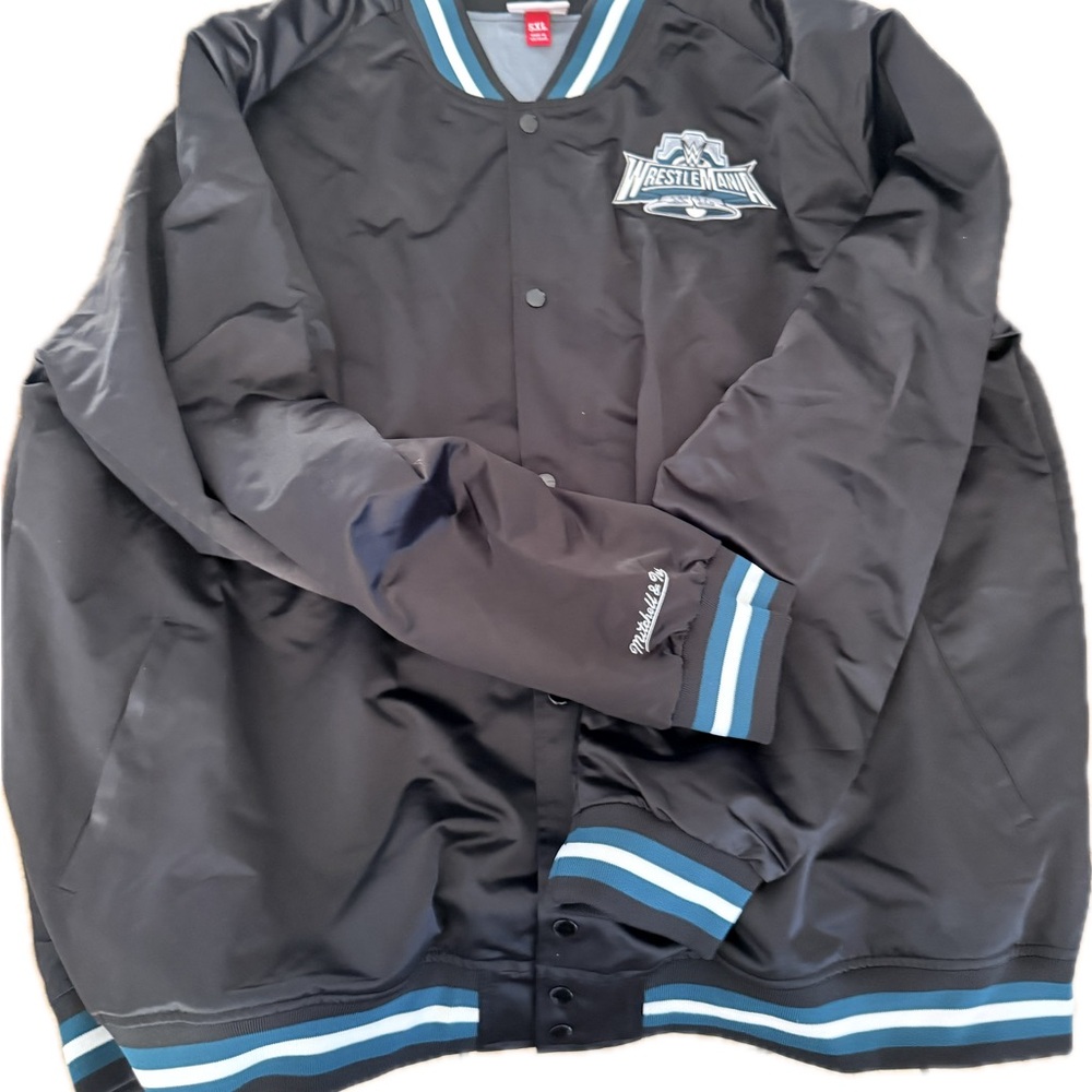 NWOT Mitchell & Ness Wrestlemania Black Bomber Jacket with Blue and White

LOT C